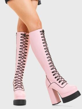 Lamoda Pink Over-the-Knee Lace-Up Platform Boots - Hidden Agenda Creeper